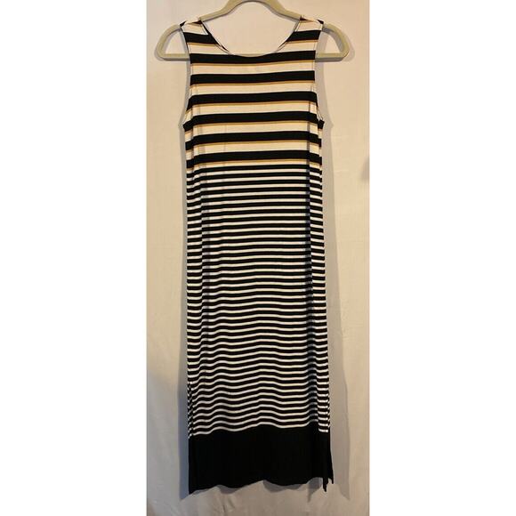 LOFT Dresses & Skirts - Loft Mixed Stripes Cutout Midi Dress‎ Black/Cream/Gold Size XS